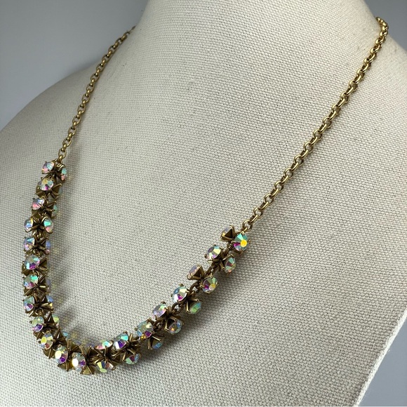 J Crew Gold Tone White AB Glass Rhinestone Statement Necklace Stunning Sparkly - Picture 4 of 8